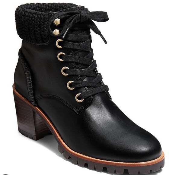 NWT JACK ROGERS Harper hiker knit heeled black leather boots size 9 - Picture 4 of 12